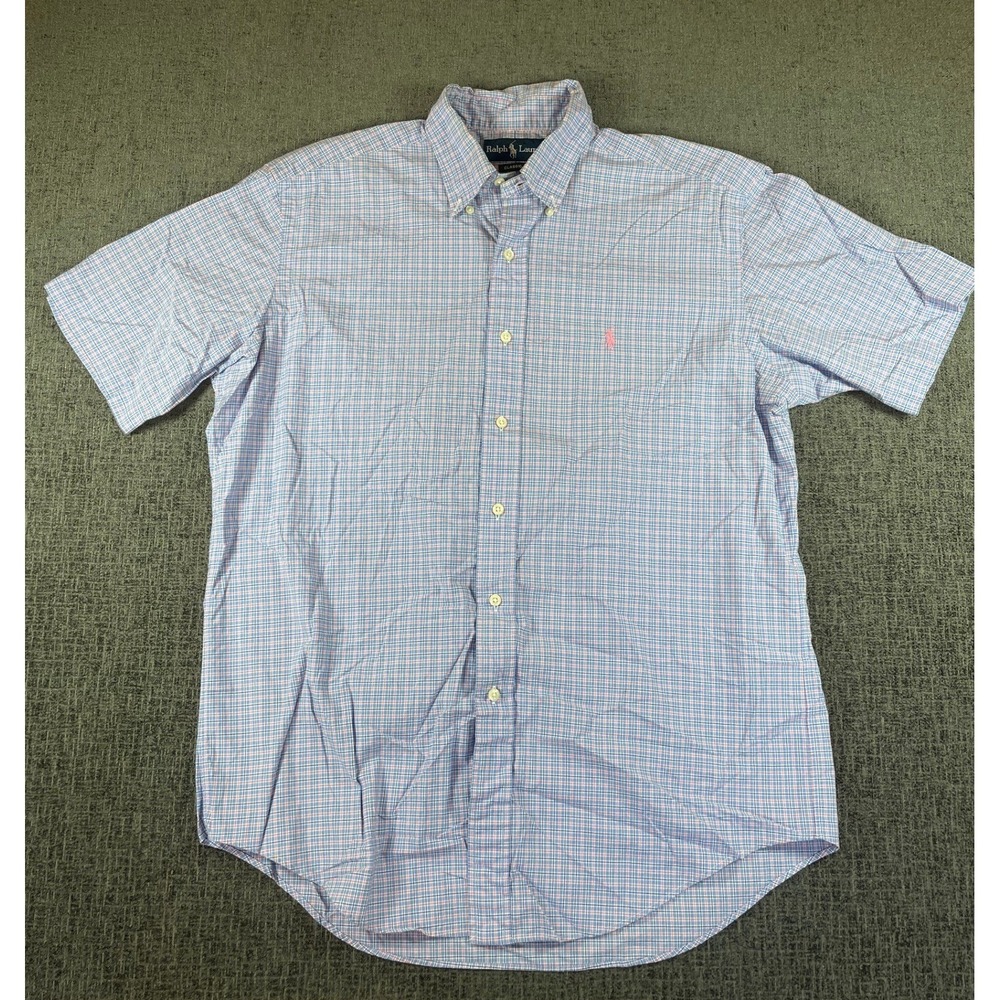 Ralph Lauren Mens Classic Fit Plaid Short Sleeve Button Shirt Blue Pink M Preppy